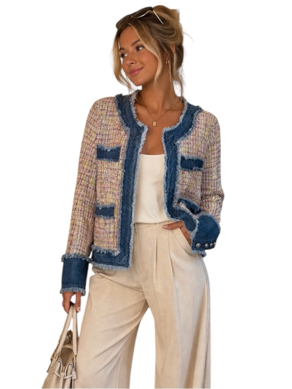 NWT Nanette Lepore Frayed Tweed Crop Jacket with Denim Trim - Pink Multi